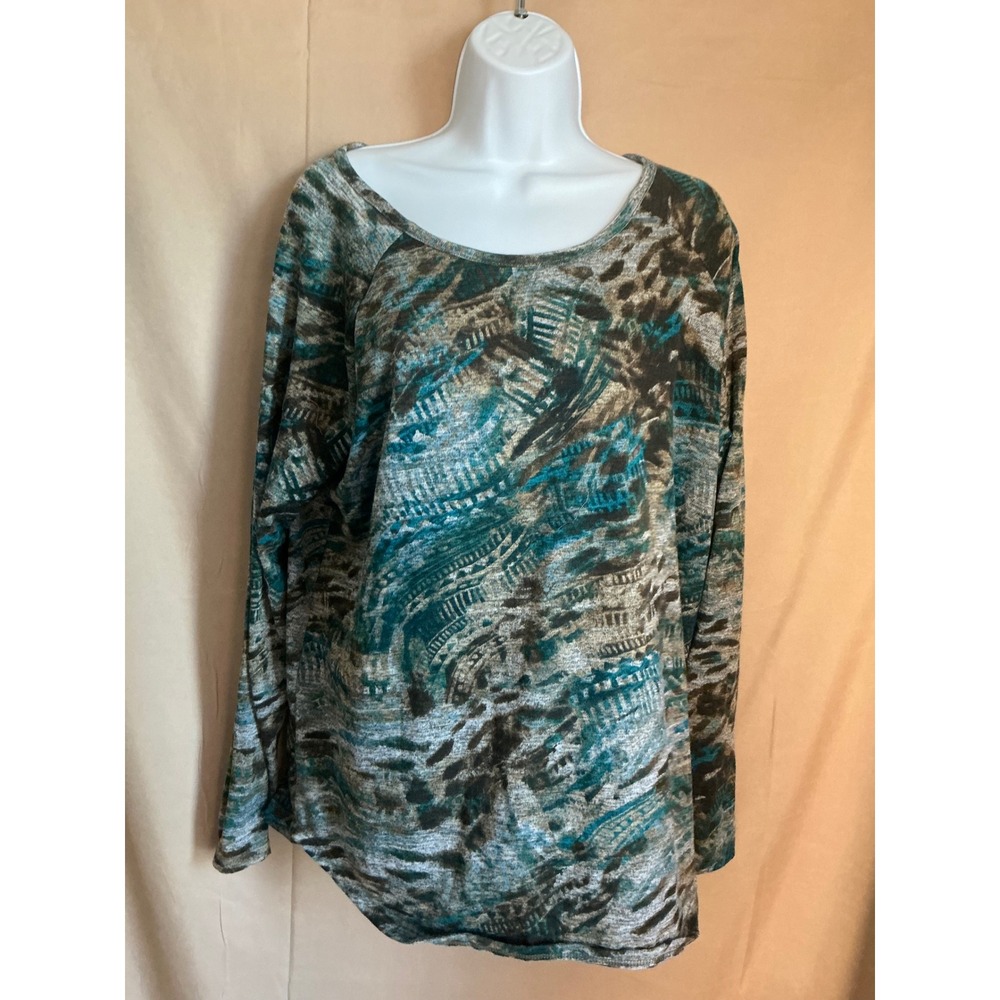 Basic Editions Abstract Print Top Womens XL Teal Brown Excellent Raglan Sleeve